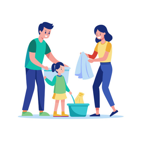 Happy family doing laundry together on a white background in a flat illustration styleのイラスト素材