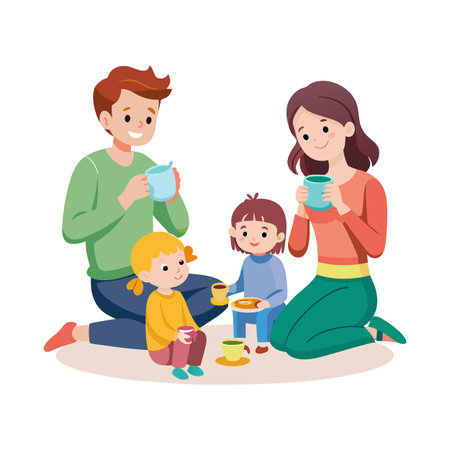 Family tea party illustration featuring parents and two children sitting on the floor enjoying refreshmentsのイラスト素材