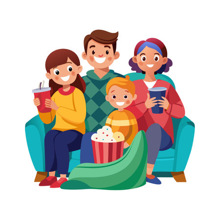 Smiling family enjoys a movie night on a teal sofa with snacks and drinksのイラスト素材