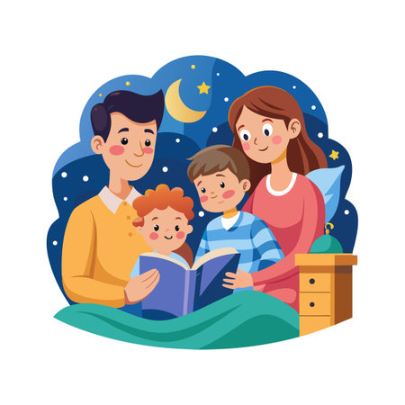 Loving Family Reading Bedtime Story Together Under Night Sky Illustration in Bedのイラスト素材
