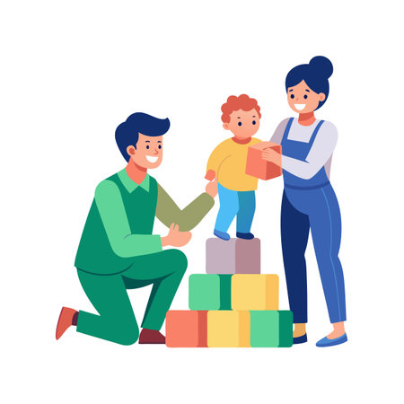Family fun with blocks: Mother father and child playing together in a colorful sceneのイラスト素材