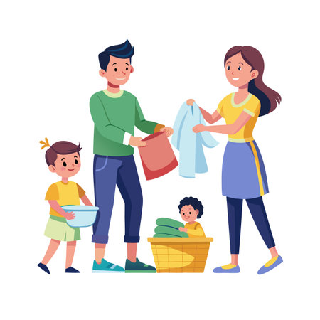 Vector illustration showing family doing laundry together at home in a cheerful flat styleのイラスト素材