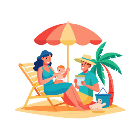 Family vacation at the beach, mother holding baby while father plays with sandのイラスト素材