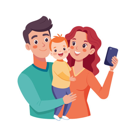 Family capturing a happy moment with a smartphone selfie, against a clean white backdropのイラスト素材