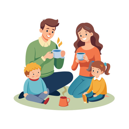 Family enjoying warm beverages together sitting on a rug in a cozy, vector-style illustrationのイラスト素材