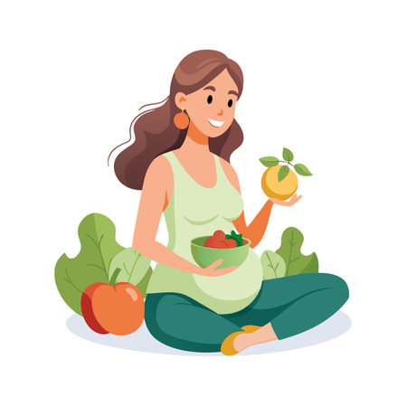 Pregnant woman meditating with bowl of fruits promoting a healthy lifestyle and wellnessのイラスト素材