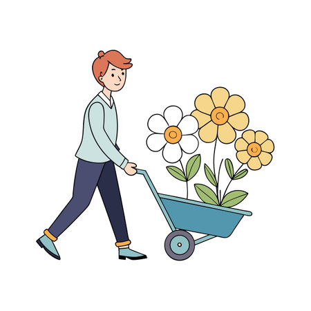 Man pushing wheelbarrow filled with white and yellow daisies in a minimalist illustrationのイラスト素材