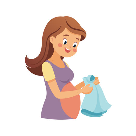 Expectant mother admiring baby clothes symbolizing joy anticipation motherhood preparation new life arrivalのイラスト素材