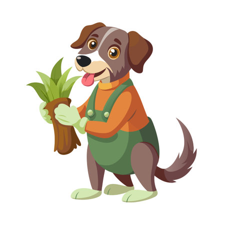 Cartoon dog in overalls holding green plants, gardening and pets concept imageのイラスト素材