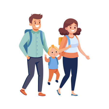 A family walks together with backpacks on a white background in flat style vector illustrationのイラスト素材
