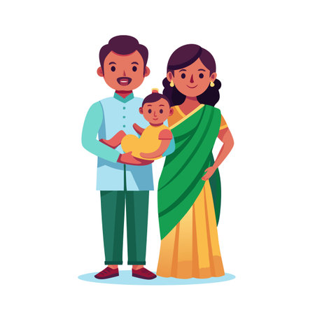 Illustration of a young Indian family: father holding baby, mother in sari posesのイラスト素材