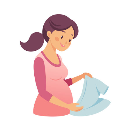 Cartoon illustration of a pregnant woman holding a light blue baby t-shirt, smilingのイラスト素材