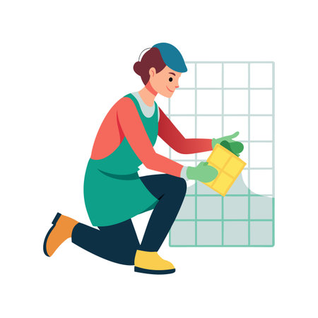 Vector illustration of a smiling woman diligently cleaning tiles with a spongeのイラスト素材