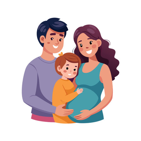 Happy family anticipating new baby, vector illustration of pregnant woman with husband and childのイラスト素材