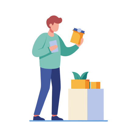 Man Inspecting Package Holding Papers in Front of Stacked Boxes in Flat Design Styleのイラスト素材