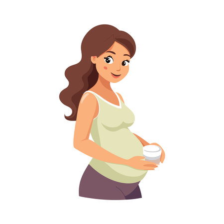 Smiling pregnant woman in casual wear holding a jar of cream protectivelyのイラスト素材