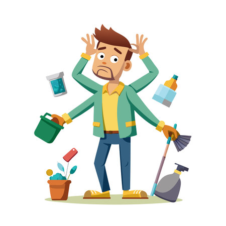 Overwhelmed man holding various cleaning supplies with four arms in a comical styleのイラスト素材