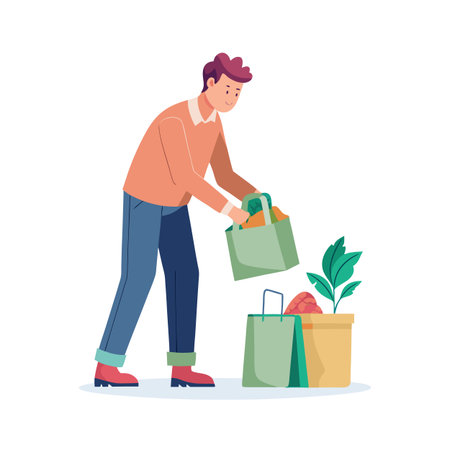 Illustration of a man placing a shopping bag of groceries next to a potted plantのイラスト素材