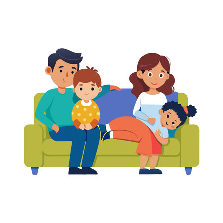 Happy family relaxing on a sofa in living room, bonding time together, vector illustrationのイラスト素材