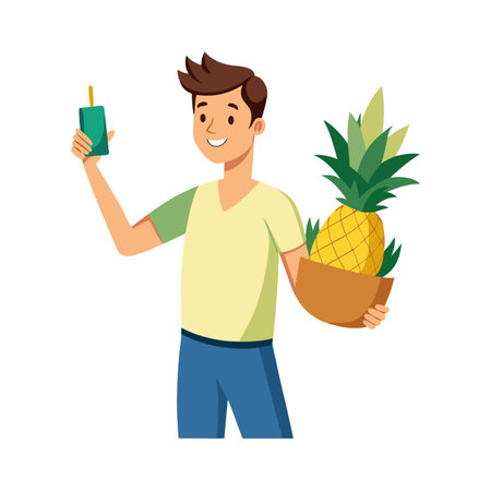 Illustration of a young man holding a pineapple and a phone, isolated on whiteのイラスト素材