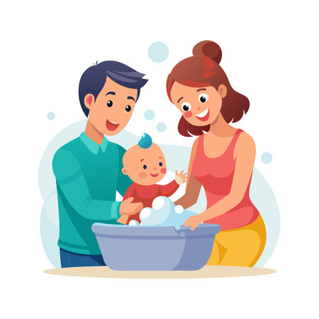 Happy family bathing baby in tub with bubbles vector illustration in cartoon styleのイラスト素材