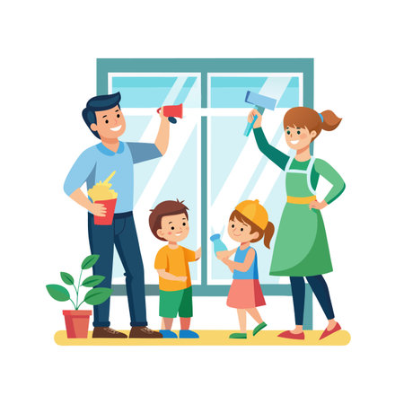 A family cleaning windows together in a bright vector illustration with cheerful colorsのイラスト素材