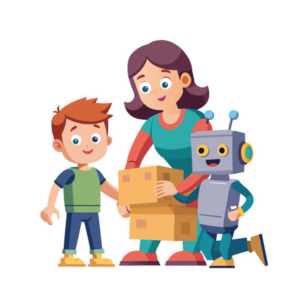 Mother, son and a robot carry moving boxes together in a bright and clean environmentのイラスト素材