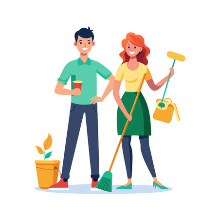 Happy couple cleaning together: A vector illustration depicting teamwork and domestic choresのイラスト素材