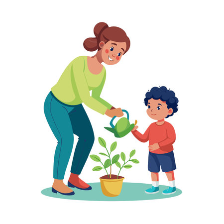 A mother and son lovingly nurture a potted plant together, teaching responsibility and growthのイラスト素材