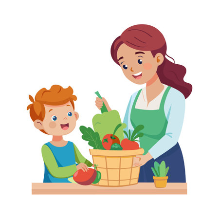 Mother and child with vegetables in a basket promoting healthy eating habits and lifestyleのイラスト素材