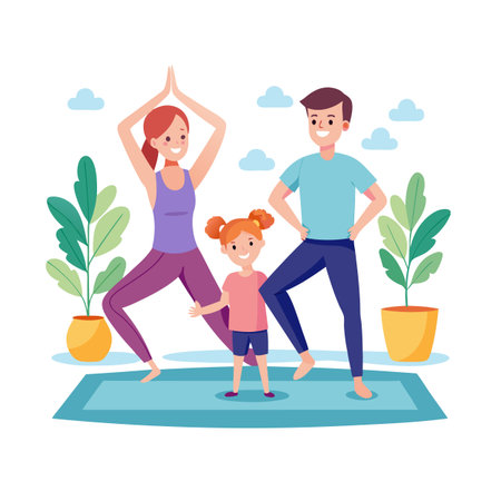 Happy family practicing yoga together at home for a healthy lifestyle and wellbeingのイラスト素材