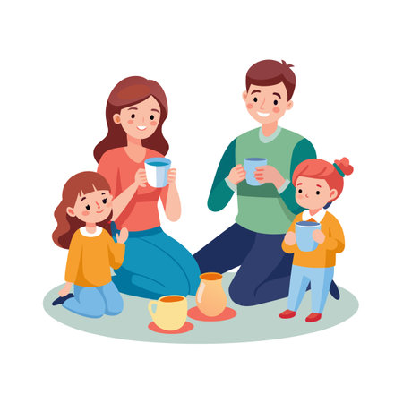 A happy family drinking hot beverages together during a cozy indoor picnic settingのイラスト素材