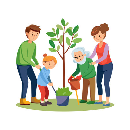 Multi-Generational Family Planting a Tree Together in a Cartoon Style Illustrationのイラスト素材