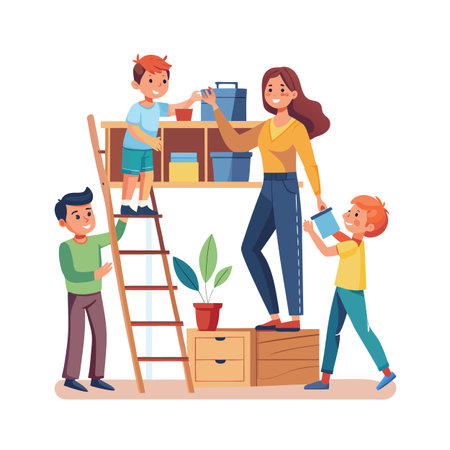 Family organizes shelves together: Mother and sons arranging storage, playful interior design conceptのイラスト素材