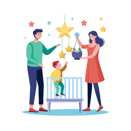 Parents playing with baby in crib hanging star mobile with joyful expressions vector illustrationのイラスト素材