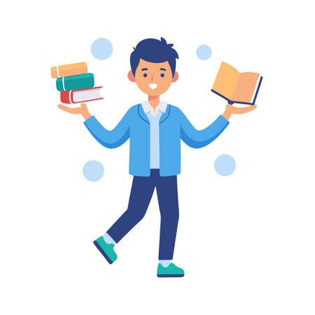 Young student juggling books and an open book for education promotion materialsのイラスト素材