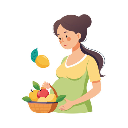 Pregnant woman looking at a fruit basket, embodying healthy eating and lifestyle choices during pregnancyのイラスト素材