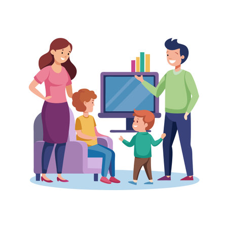 Happy family gathered around a monitor in a cozy interior setting vector illustrationのイラスト素材