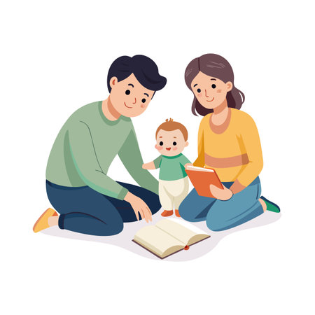Loving parents reading a story book together with their toddler in a cozy environmentのイラスト素材