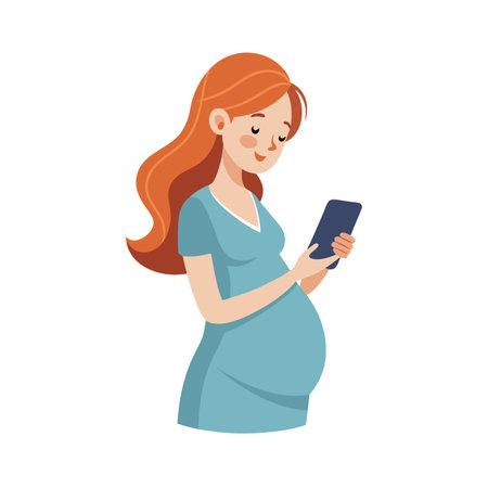 Pregnant woman using a mobile phone, online content and information access concept illustrationのイラスト素材