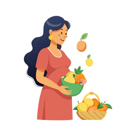 Pregnant woman with a basket of fresh fruits promoting healthy eating during pregnancyのイラスト素材