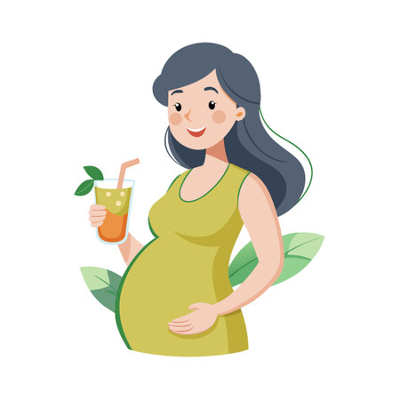 Illustration of a smiling pregnant woman enjoying a refreshing fruit smoothie during her pregnancy journeyのイラスト素材