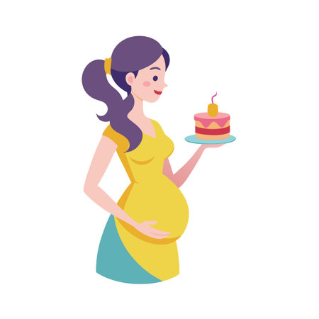 Pregnant woman with cake illustration showcasing maternal health and anticipation of a new babyのイラスト素材