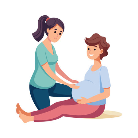Prenatal massage therapy illustration showing physical therapist working with a pregnant womanのイラスト素材