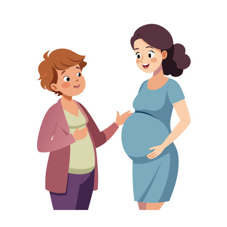 Two pregnant women interact in a friendly manner, sharing the excitement of motherhood in a cheerful wayのイラスト素材