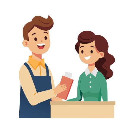 Friendly customer service illustration showing a man assisting a woman with paperwork at a counterのイラスト素材