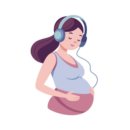 Pregnant woman listening to music with headphones, concept of prenatal care and relaxationのイラスト素材