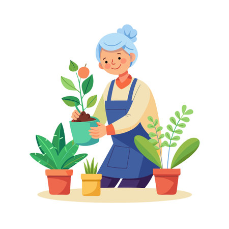 Senior woman enjoying gardening by potting plants at home in a flat illustration styleのイラスト素材