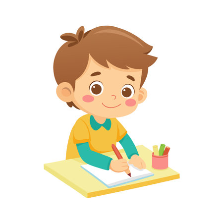 Cute cartoon boy drawing or writing at his desk with pencils and paper illustrationのイラスト素材