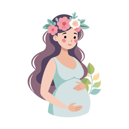 Beautiful pregnant woman in light blue dress with floral crown standing in profileのイラスト素材